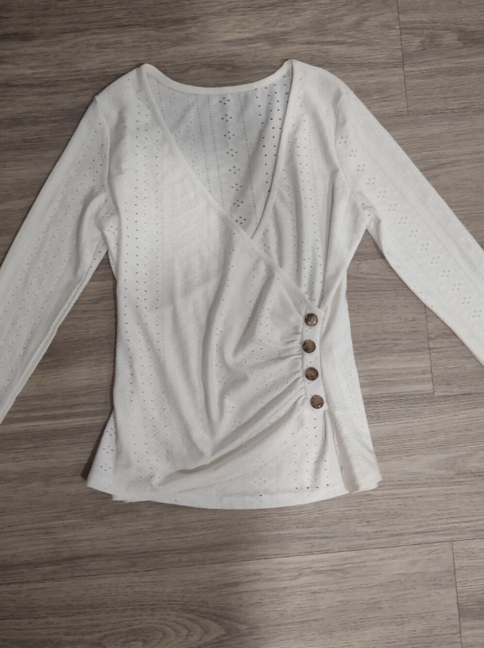 Ivory Eyelet Long Sleeve Button Accent Top